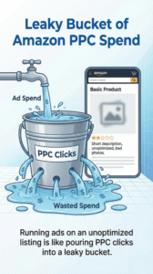 Illustration of a leaky bucket labelled PPC clicks, representing wasted Amazon ad spend on an unoptimized product listing.