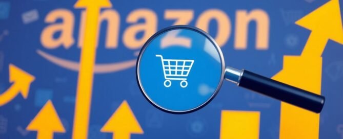 Amazon selling success guide with upward arrows and shopping cart.