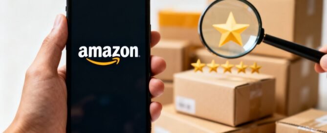 Amazon logo on a phone screen with packages and stars.