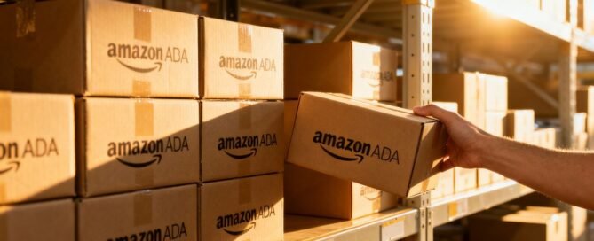 Amazon FBA boxes stacked on warehouse shelves