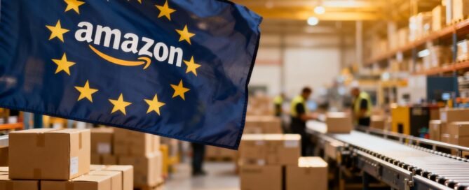 European Union flag with Amazon logo, warehouse background.