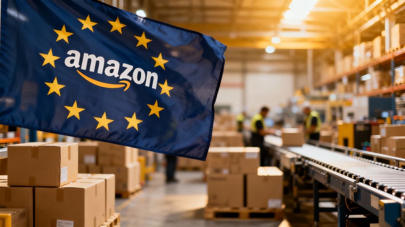 European Union flag with Amazon logo, warehouse background.