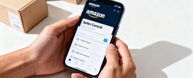 Hands holding Amazon Seller Central on phone, product boxes.