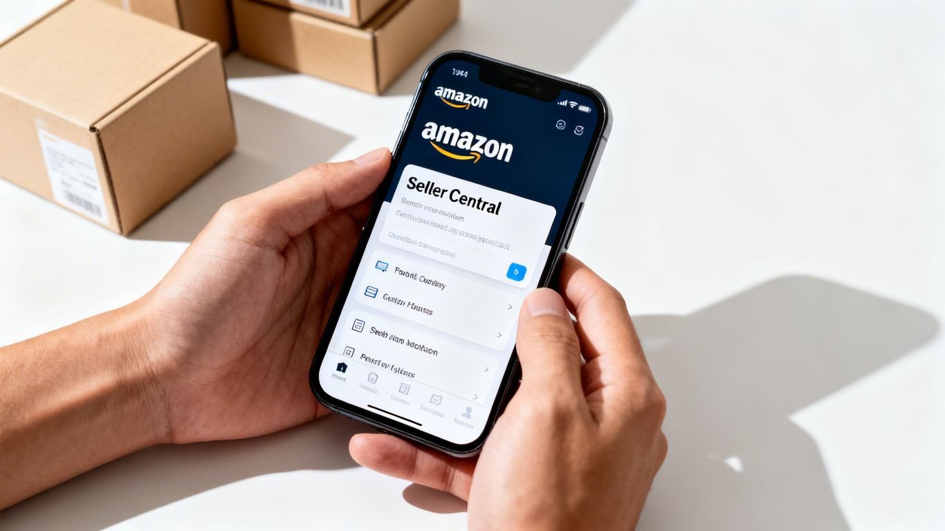 Hands holding Amazon Seller Central on phone, product boxes.