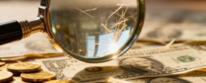 Magnifying glass over money, revealing hidden value.