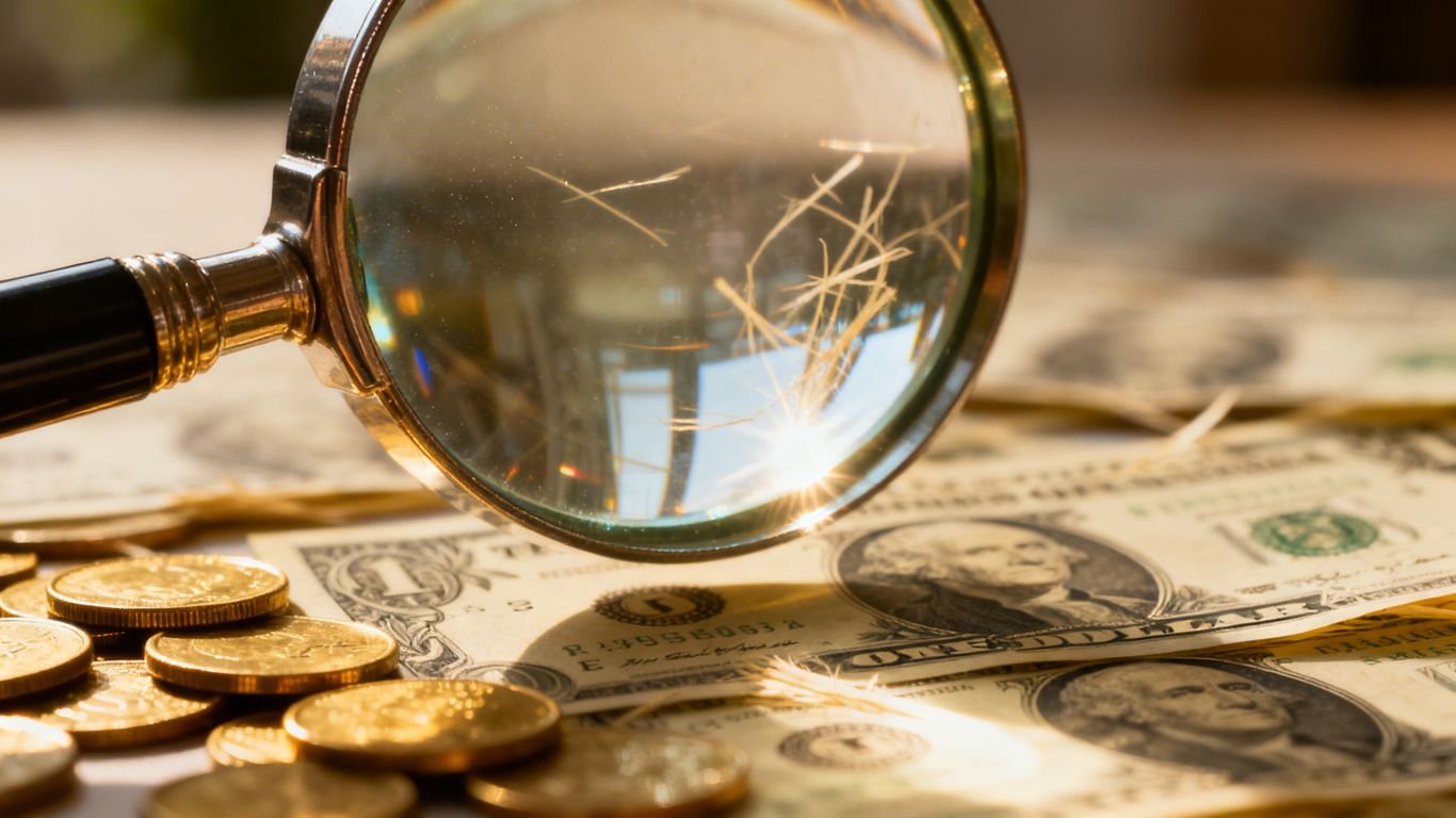 Magnifying glass over money, revealing hidden value.