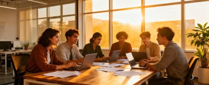 Team collaborating in a bright, modern office.