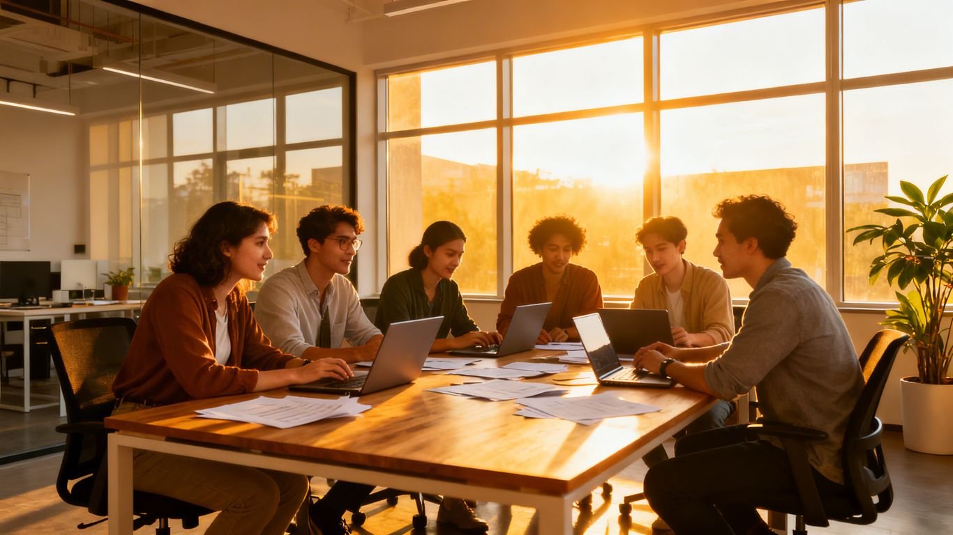 Team collaborating in a bright, modern office.