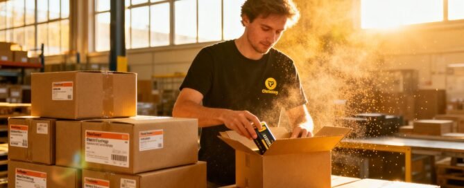 Amazon Germany warehouse with products and shipping boxes.