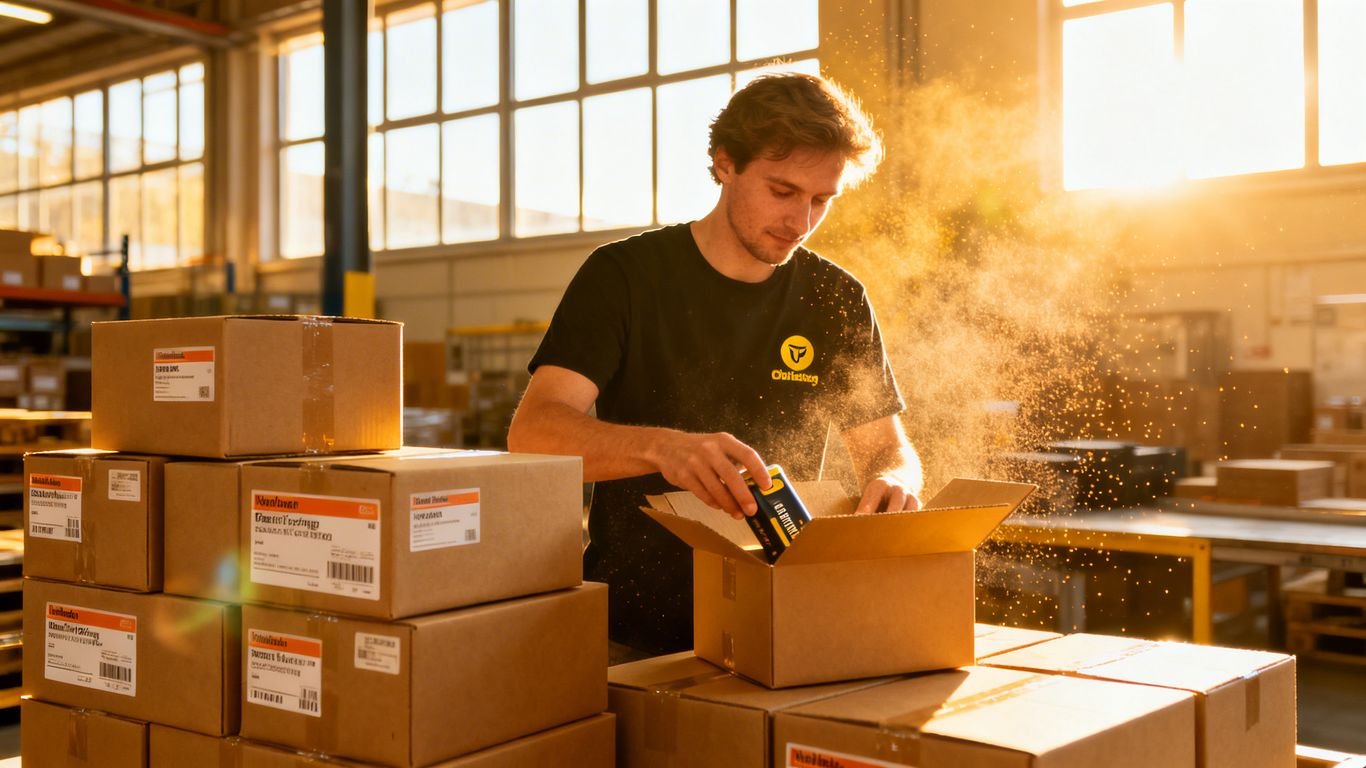 Amazon Germany warehouse with products and shipping boxes.