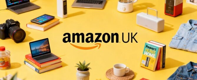 Amazon UK logo with products for selling.