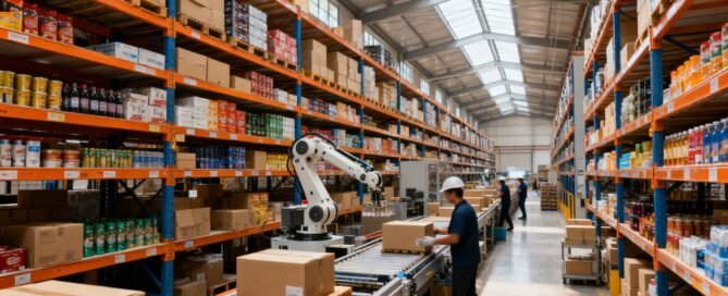 Amazon fulfillment center with shelves, robots, and workers.