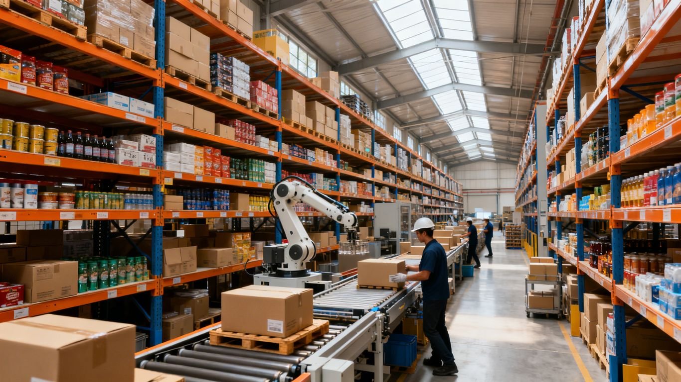 Amazon fulfillment center with shelves, robots, and workers.