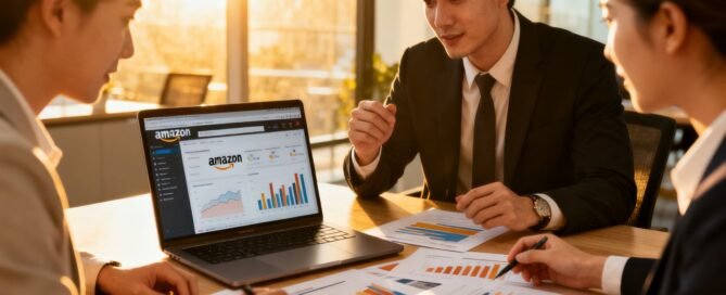 Team planning Amazon strategy with digital interfaces.