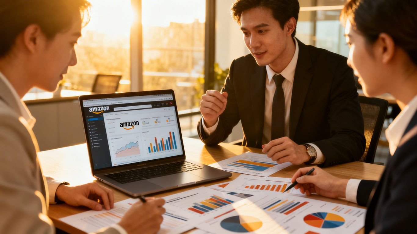 Team planning Amazon strategy with digital interfaces.