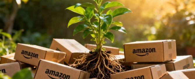 Plant growing from Amazon boxes, symbolizing revenue growth.