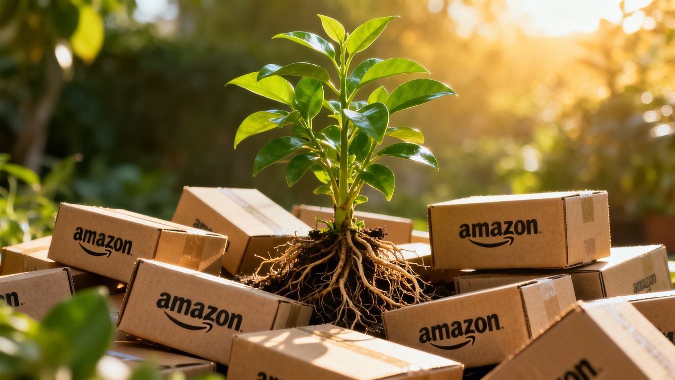 Plant growing from Amazon boxes, symbolizing revenue growth.