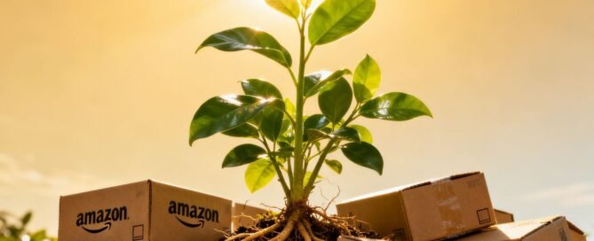 Plant growing from Amazon boxes, symbolizing revenue growth.