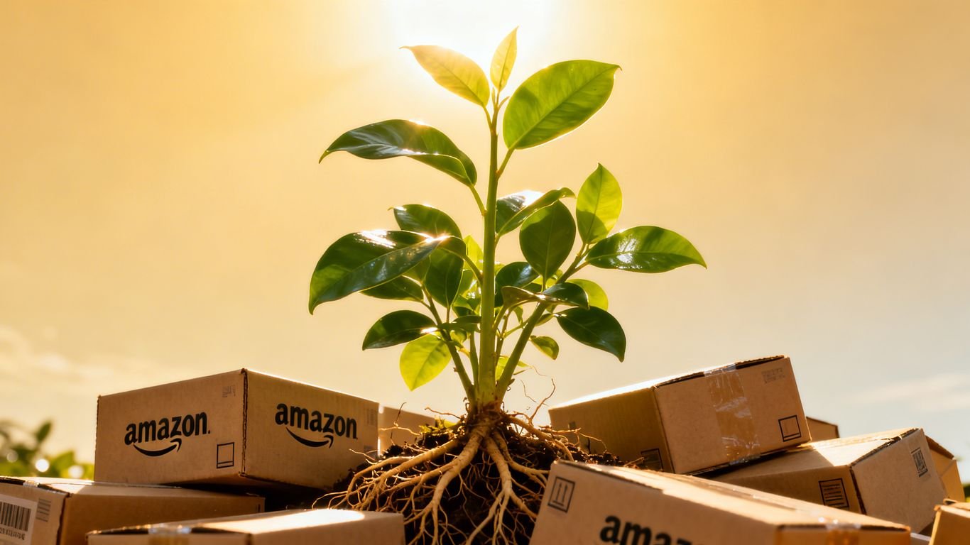 Plant growing from Amazon boxes, symbolizing revenue growth.