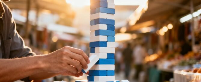 Building blocks forming a tower on a marketplace background.
