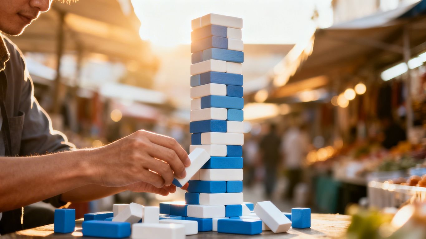 Building blocks forming a tower on a marketplace background.