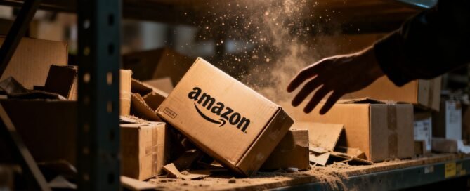 Amazon brand boxes in a messy warehouse