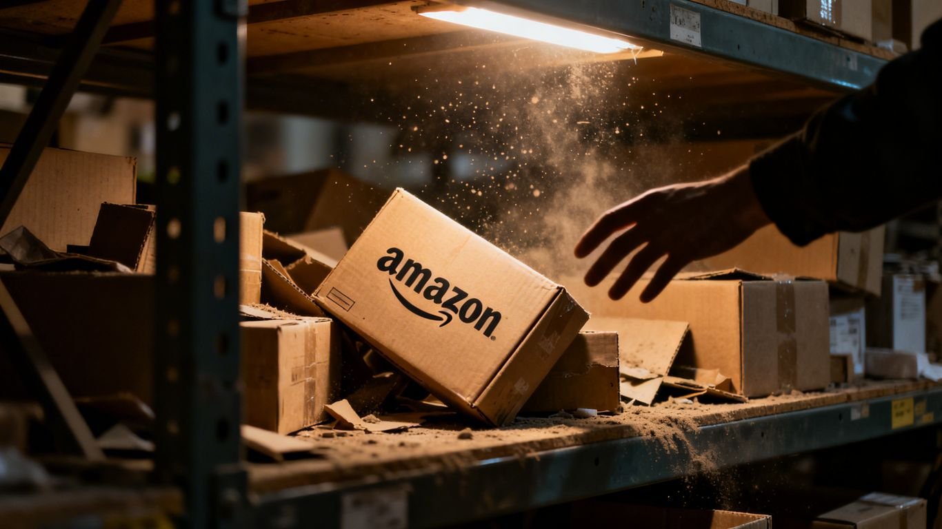 Amazon brand boxes in a messy warehouse