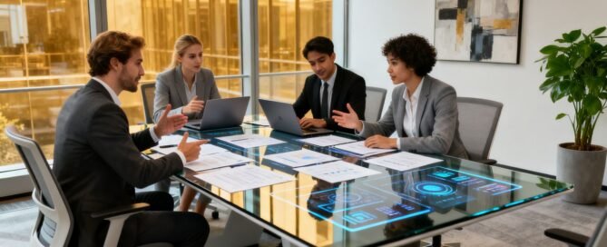 Team collaborating in a modern office, planning Amazon growth.