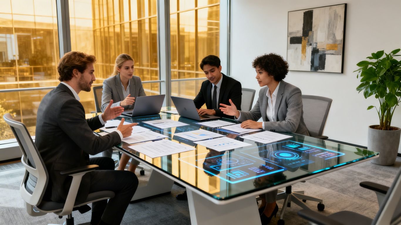 Team collaborating in a modern office, planning Amazon growth.
