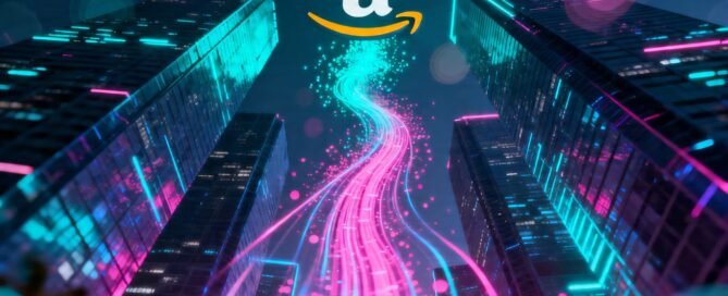Amazon advertising future cityscape with digital streams