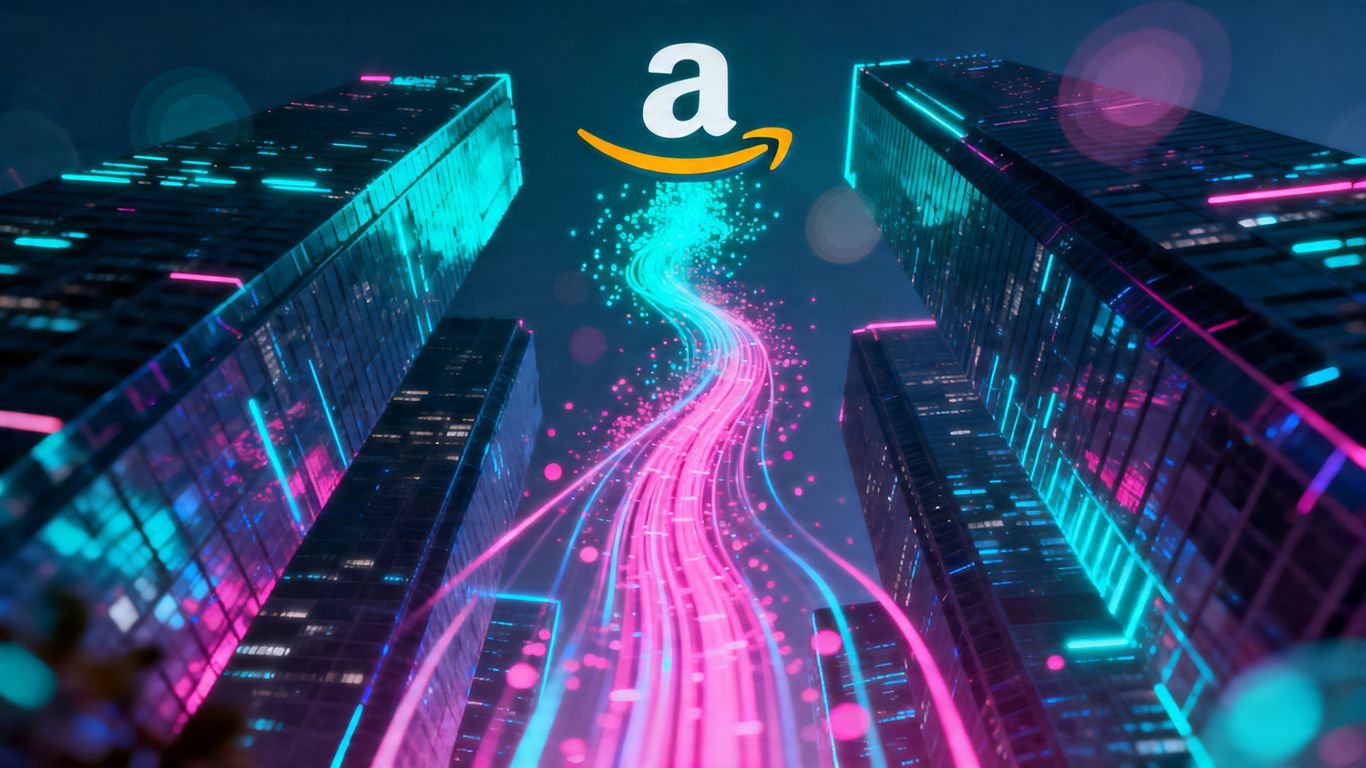 Amazon advertising future cityscape with digital streams