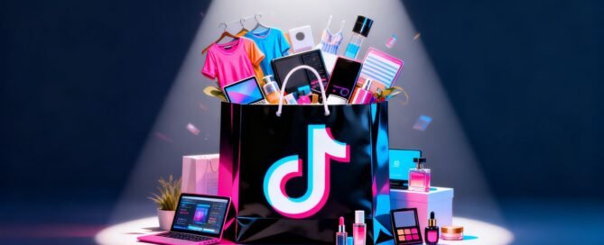 TikTok Shop logo with products spilling out of a shopping bag.