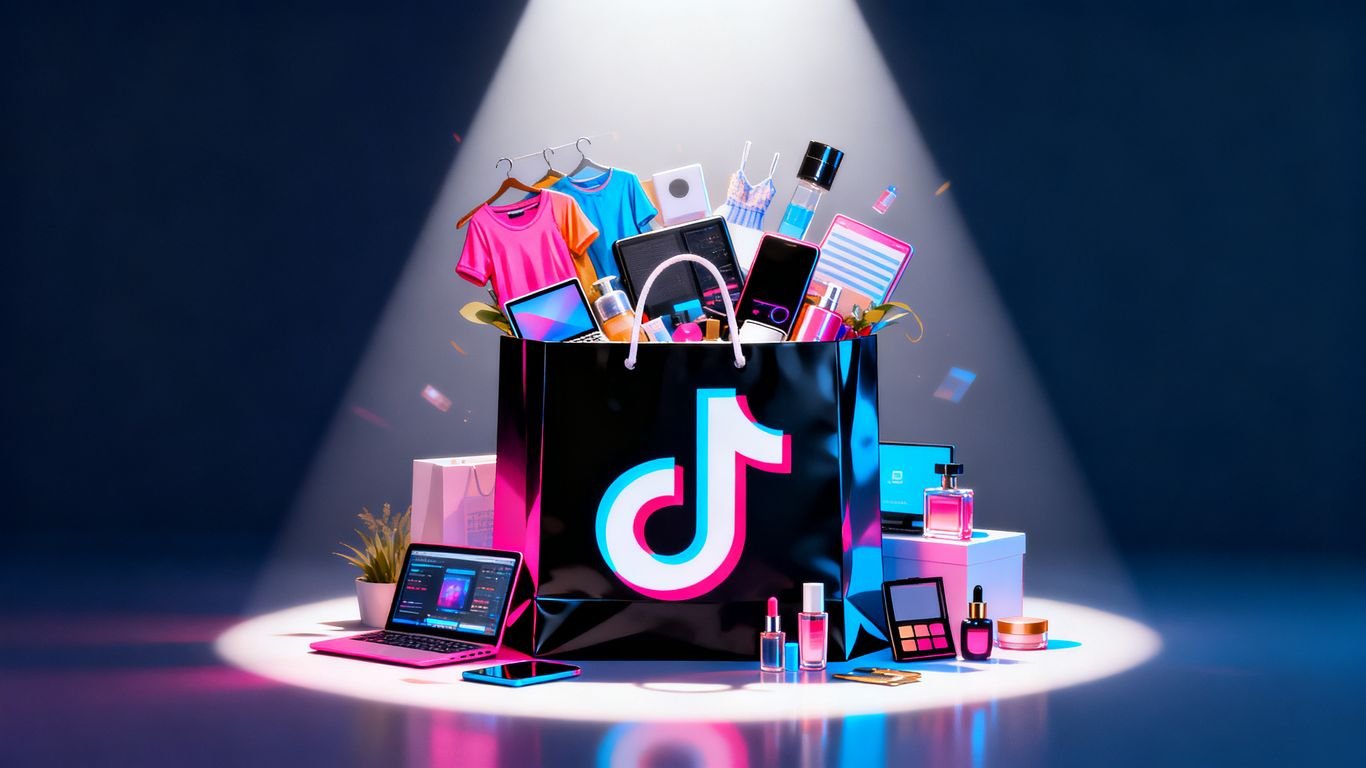 TikTok Shop logo with products spilling out of a shopping bag.