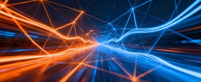 Abstract data visualization with light trails and geometric shapes.