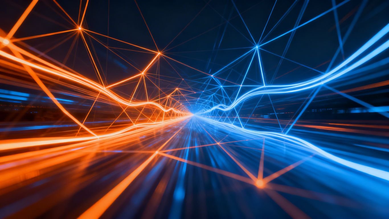 Abstract data visualization with light trails and geometric shapes.