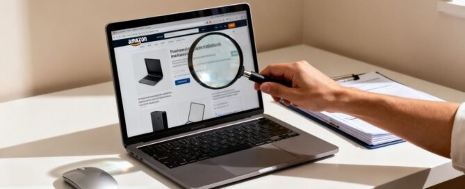 Optimizing Amazon listing with a magnifying glass.