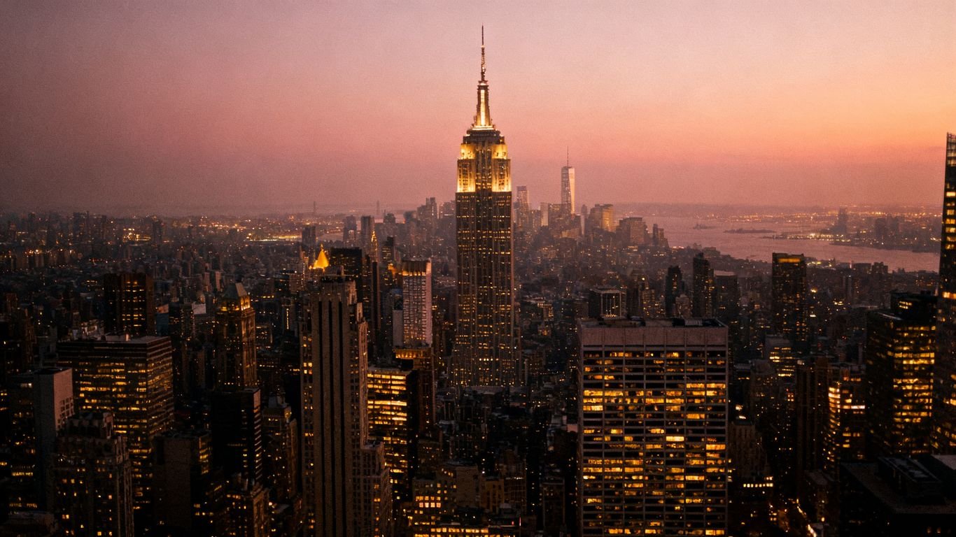 Cityscape at dusk with a prominent skyscraper.