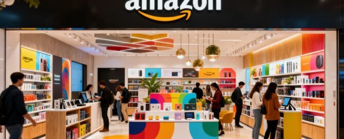 Shoppers in a modern, colorful Amazon storefront space.