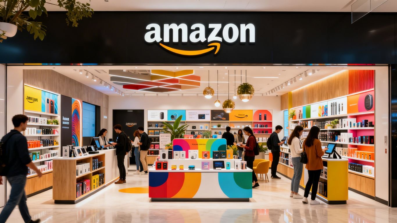 Shoppers in a modern, colorful Amazon storefront space.