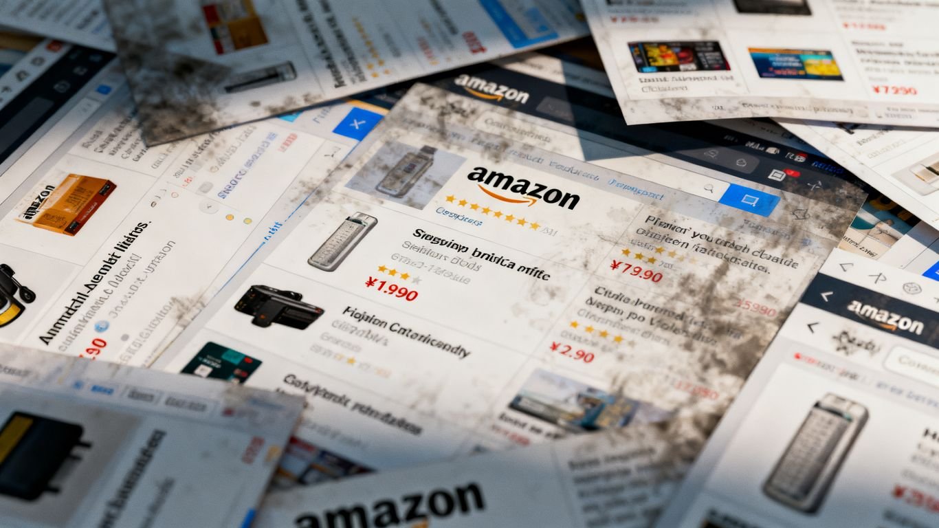 Disorganized Amazon product listing page with jumbled elements.