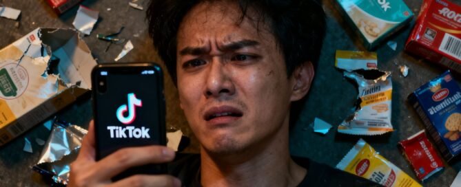 Frustrated person with TikTok app and scattered products.