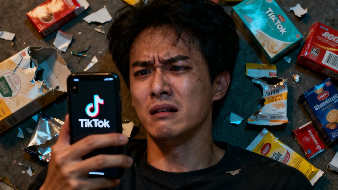 Frustrated person with TikTok app and scattered products.