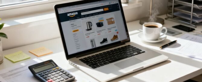 Laptop with Amazon page on a busy, sunlit desk