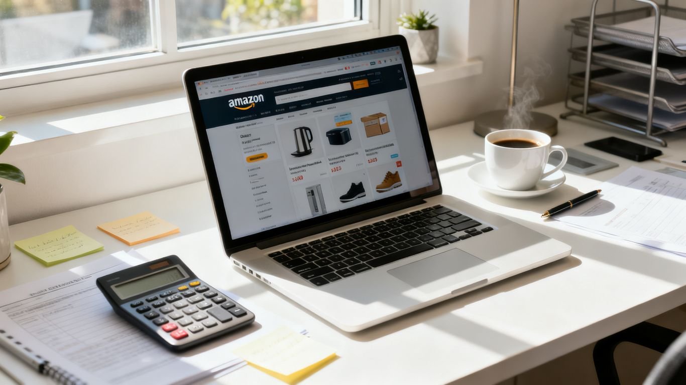 Laptop with Amazon page on a busy, sunlit desk