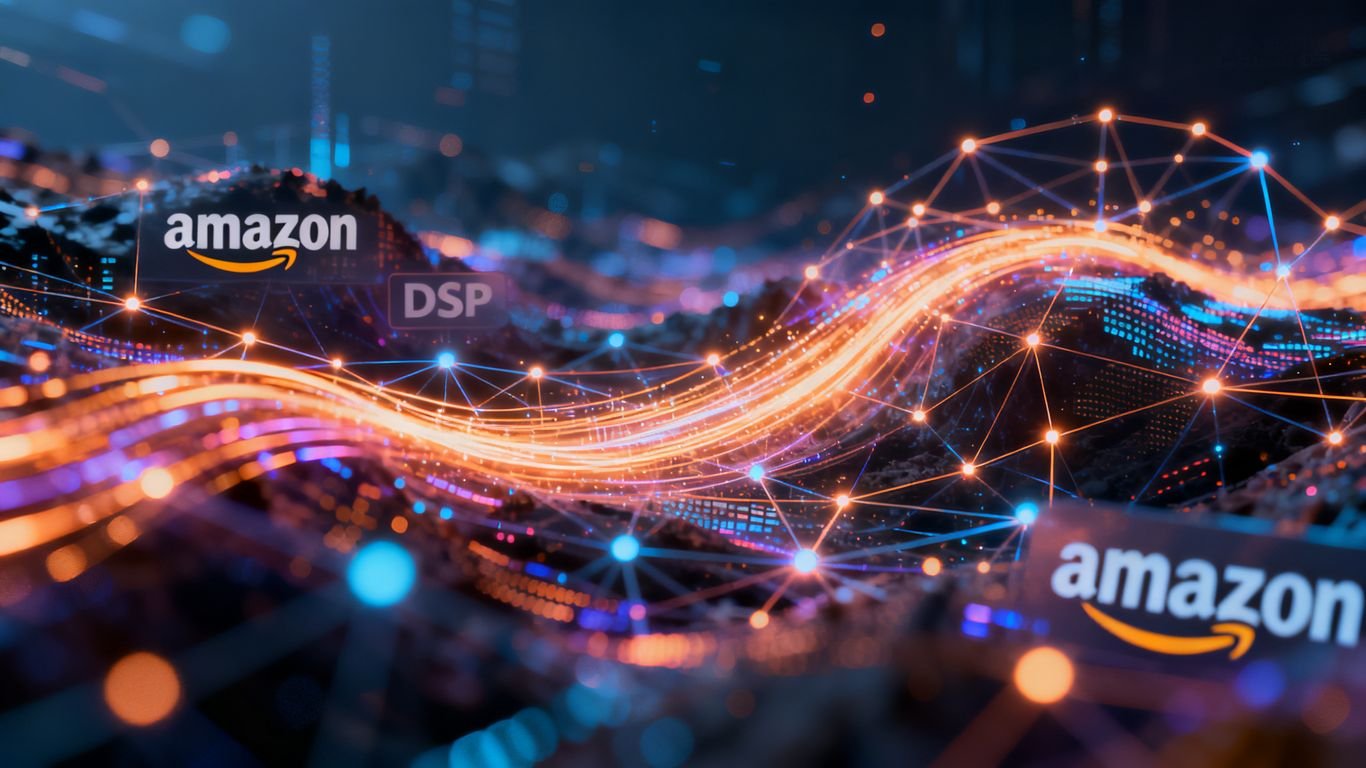 Amazon DSP digital landscape with abstract data streams.